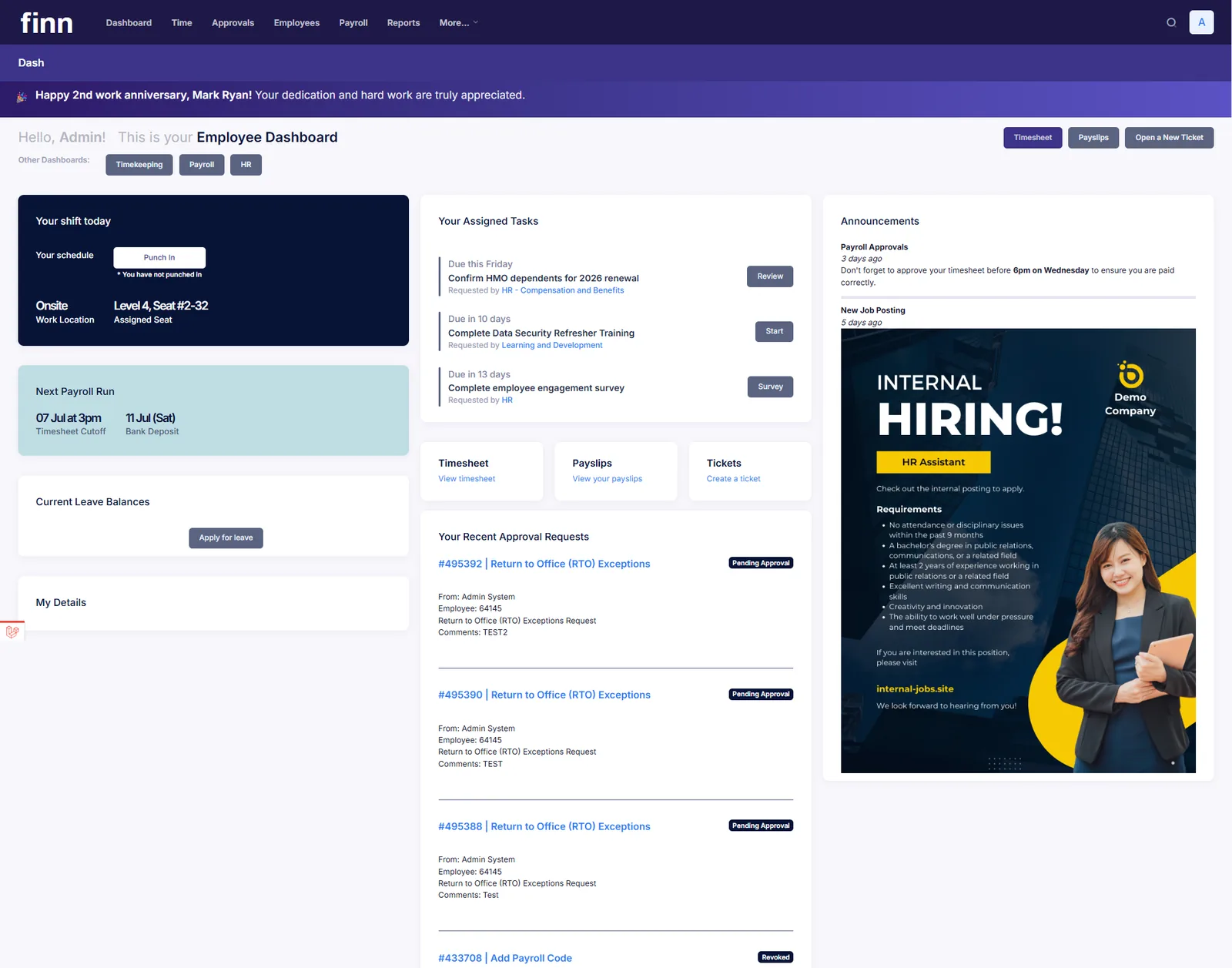 Finn employee dashboard with today's shift and punch-in, the next payroll run, leave balances, tasks and announcements
