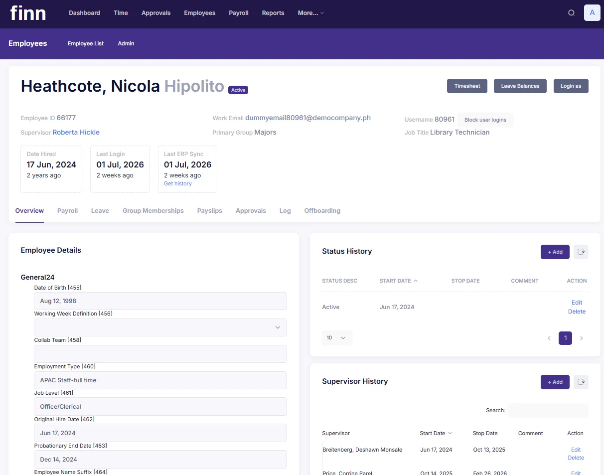 Finn employee profile showing a digital 201 file with employment details, status history and supervisor history