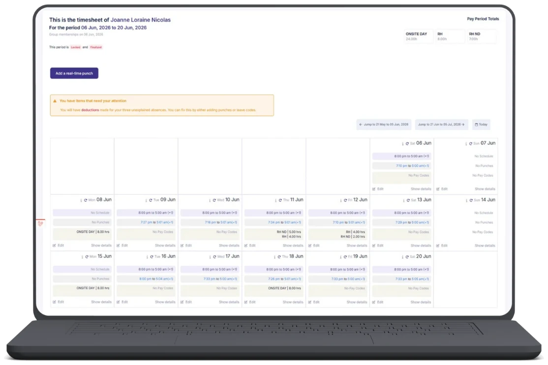 The Finn online timesheet shown on a laptop, with schedule, punches and pay codes per day and pay period totals