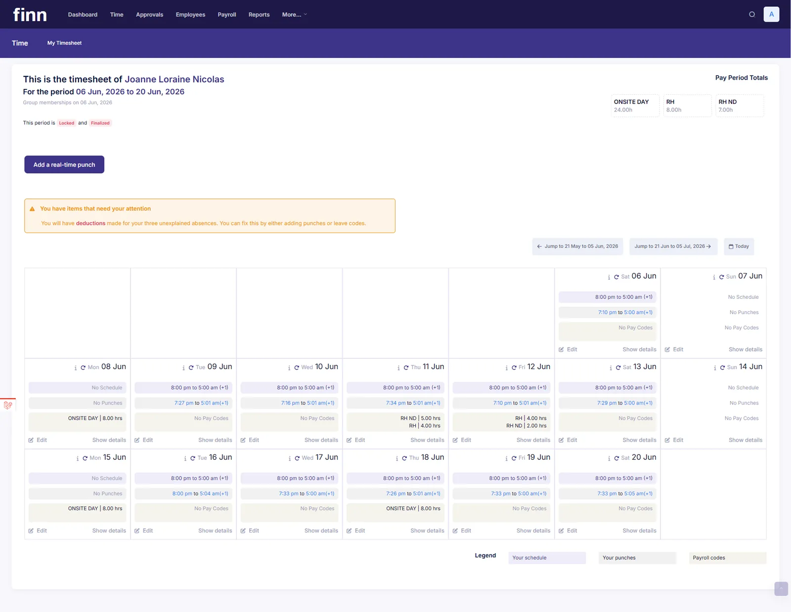 Finn online timesheet showing schedule, punches and pay codes for each day of the pay period with running totals